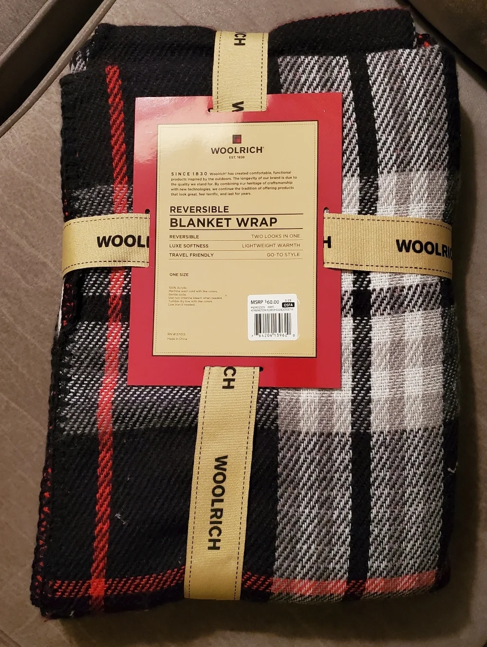 Woolrich Reversible Blanket Wrap Red Black White NWT